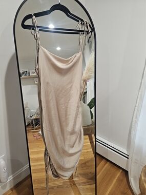 Mango Satin Cowl-Neck Slip Dress in Taupe